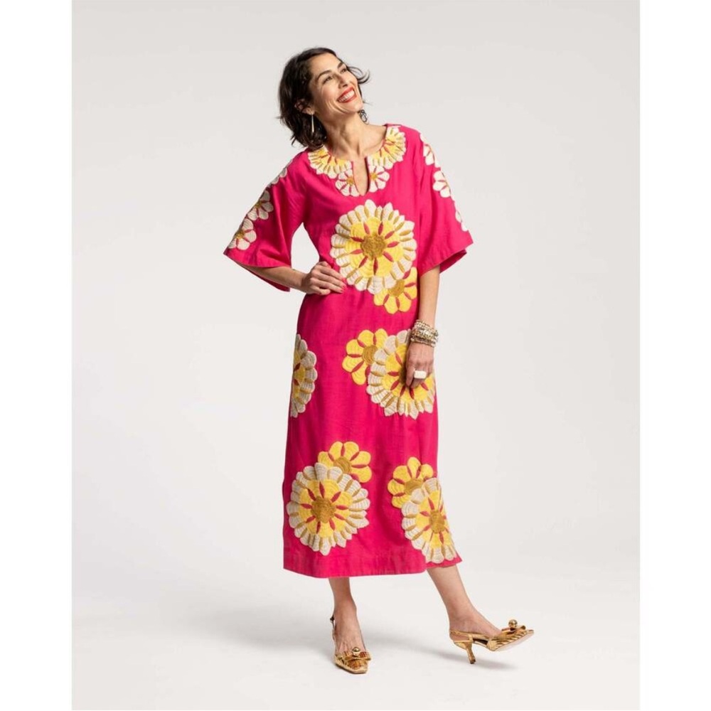 Frances Valentine Delightful Floral-Embroidered‎ Cotton Caftan Pink Embroidered